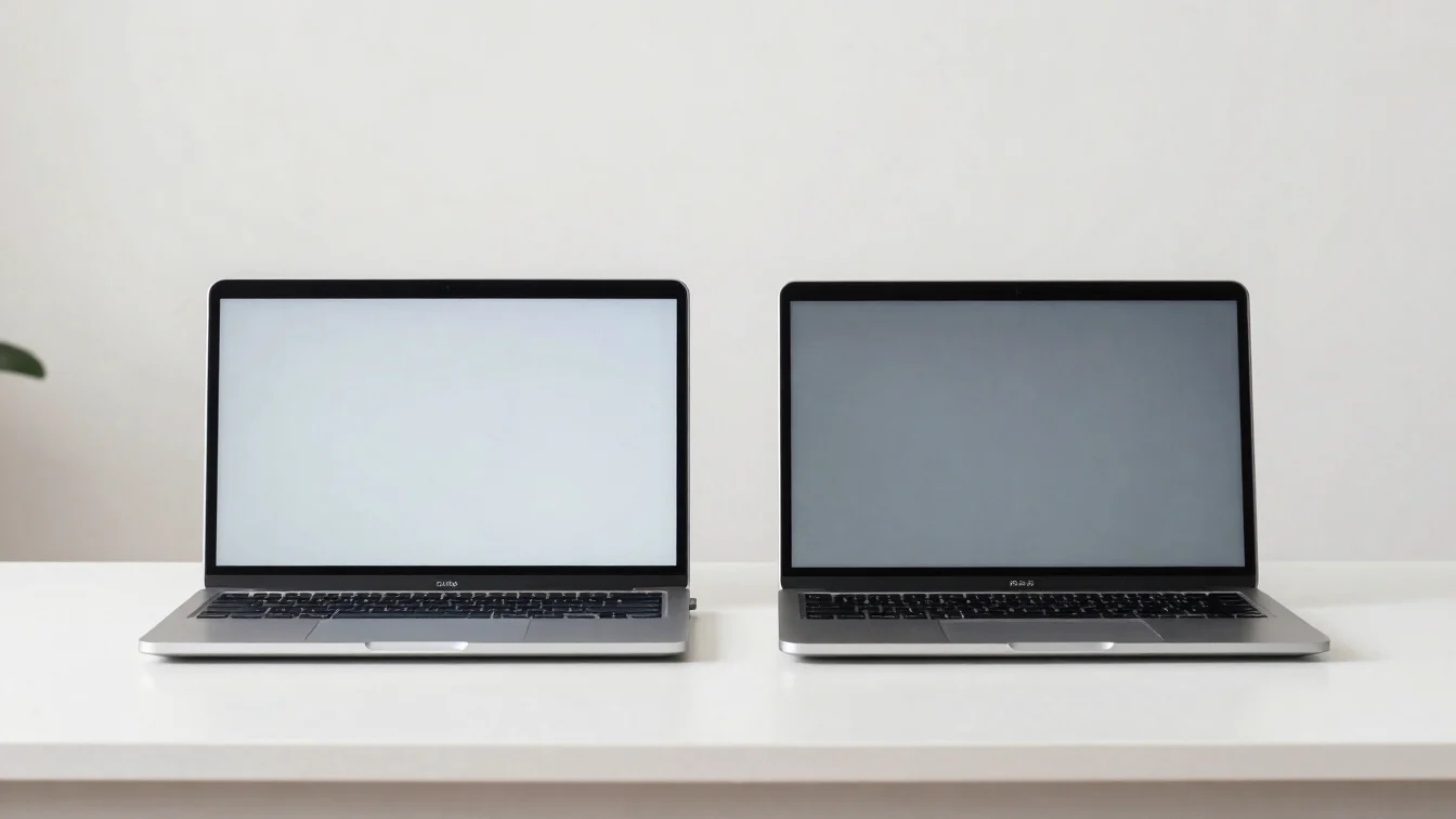 Fotografia editorial de dois notebooks lado a lado sobre mesa cla