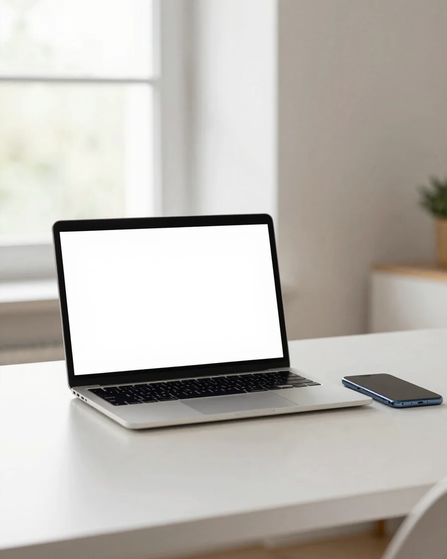 Fotografia editorial de um notebook e um celular lado a lado sobr
